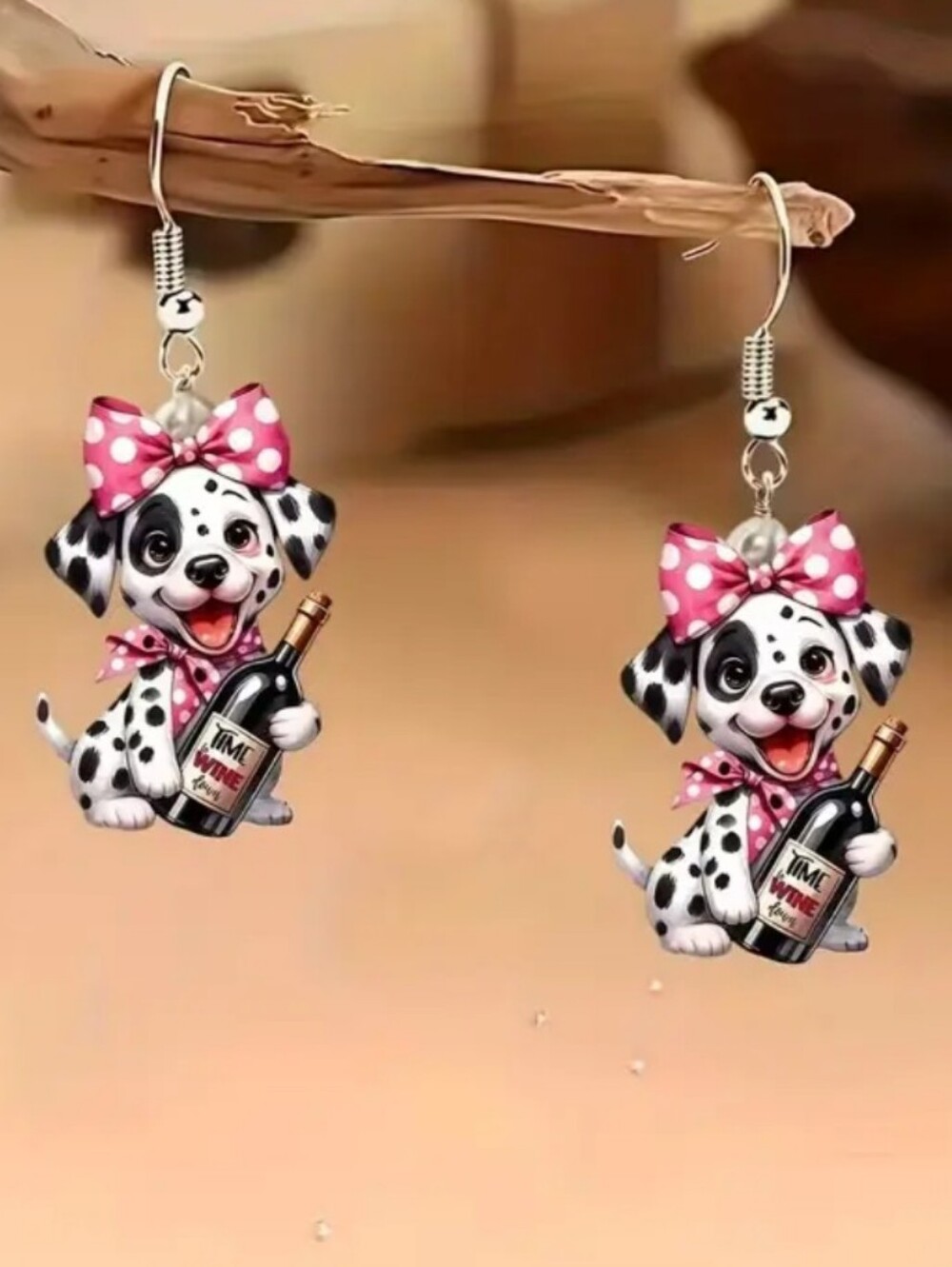 Hand Crafted Playful Dalmatian Drop Earrings with Pink Bow and Wine Bottle Charm